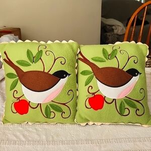 Handmade folk art birds on branch felt embroidered on decorative pillows earthy